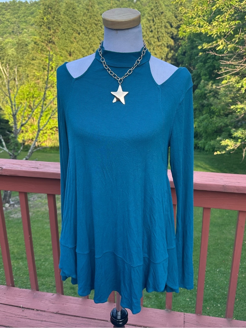 Free People Teal Cold-Shoulder Long Sleeve Tunic